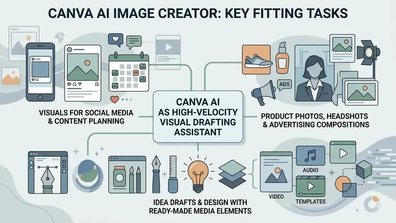 Infographic showing how a visual drafting assistant supports social media, advertising, and design tasks