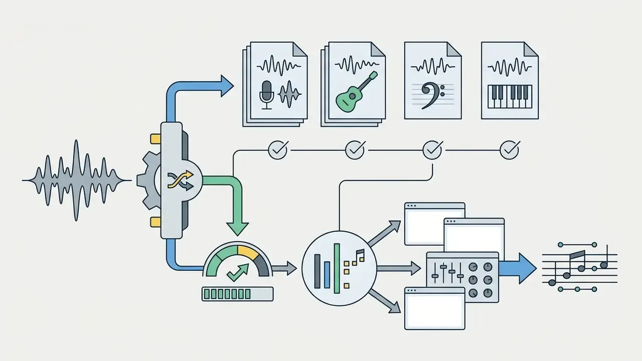 Audio waveform processing into separated instrument files and MIDI data for digital music production