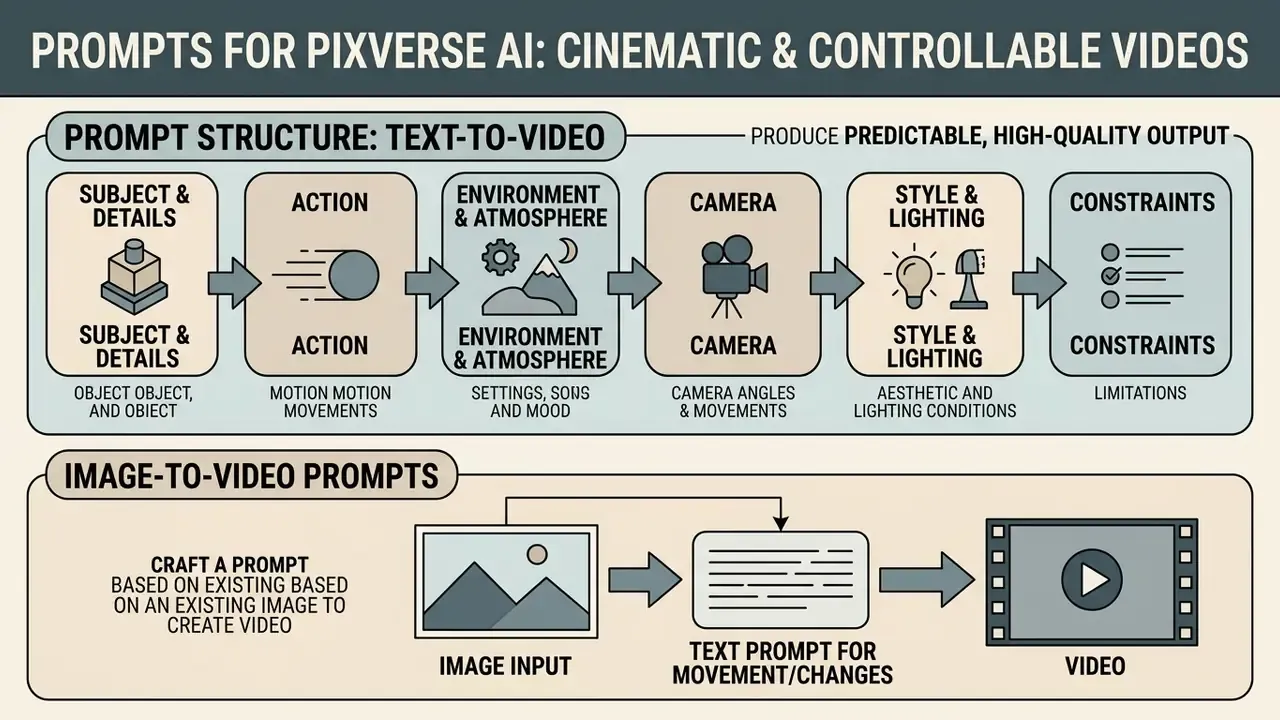 Diagram detailing text-to-video prompt components and the image-to-video generation process
