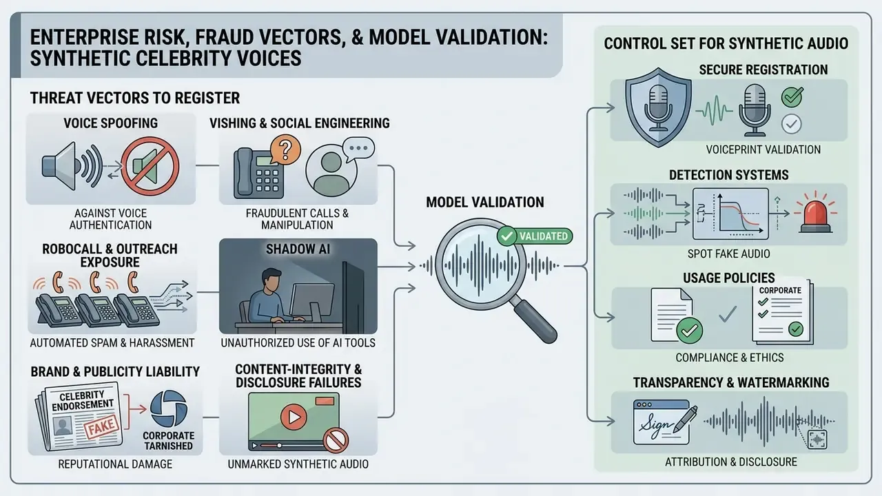 Flowchart mapping synthetic audio threat vectors to a centralized model validation and control framework