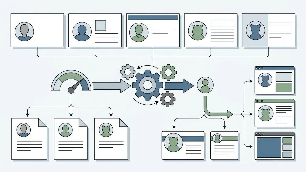 System showing how user profiles and documents feed into a central processing gear for output generation