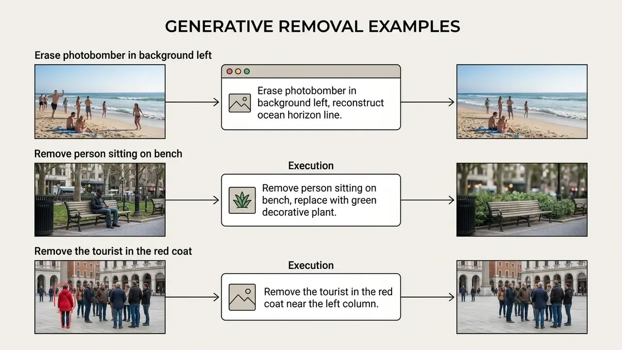 Three examples showing how AI tools remove people from photos by following specific text commands
