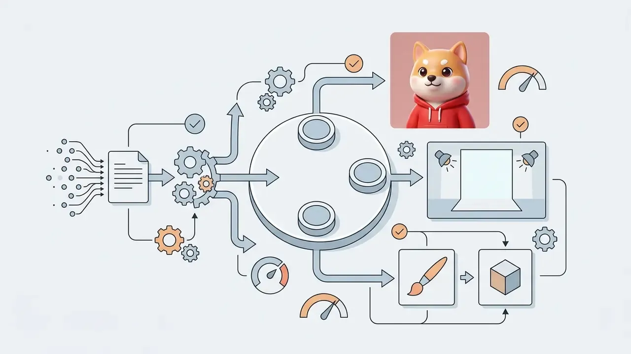 System of gears and icons connecting text inputs to a 3D Shiba Inu character render