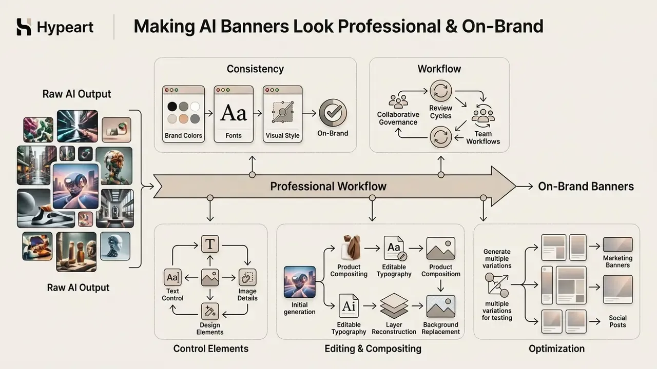 Infographic detailing the stages of refining raw generative assets into polished marketing materials