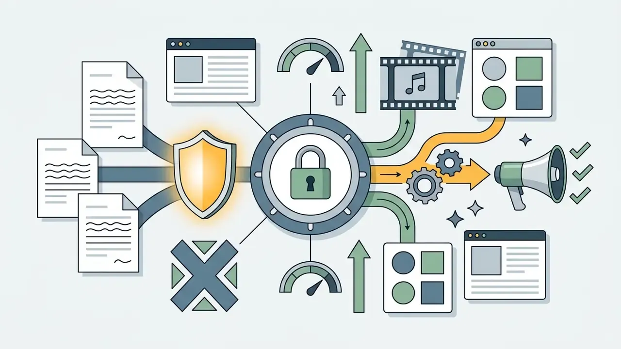 Documents passing through a shield into a locked hub that directs data to media and marketing outputs