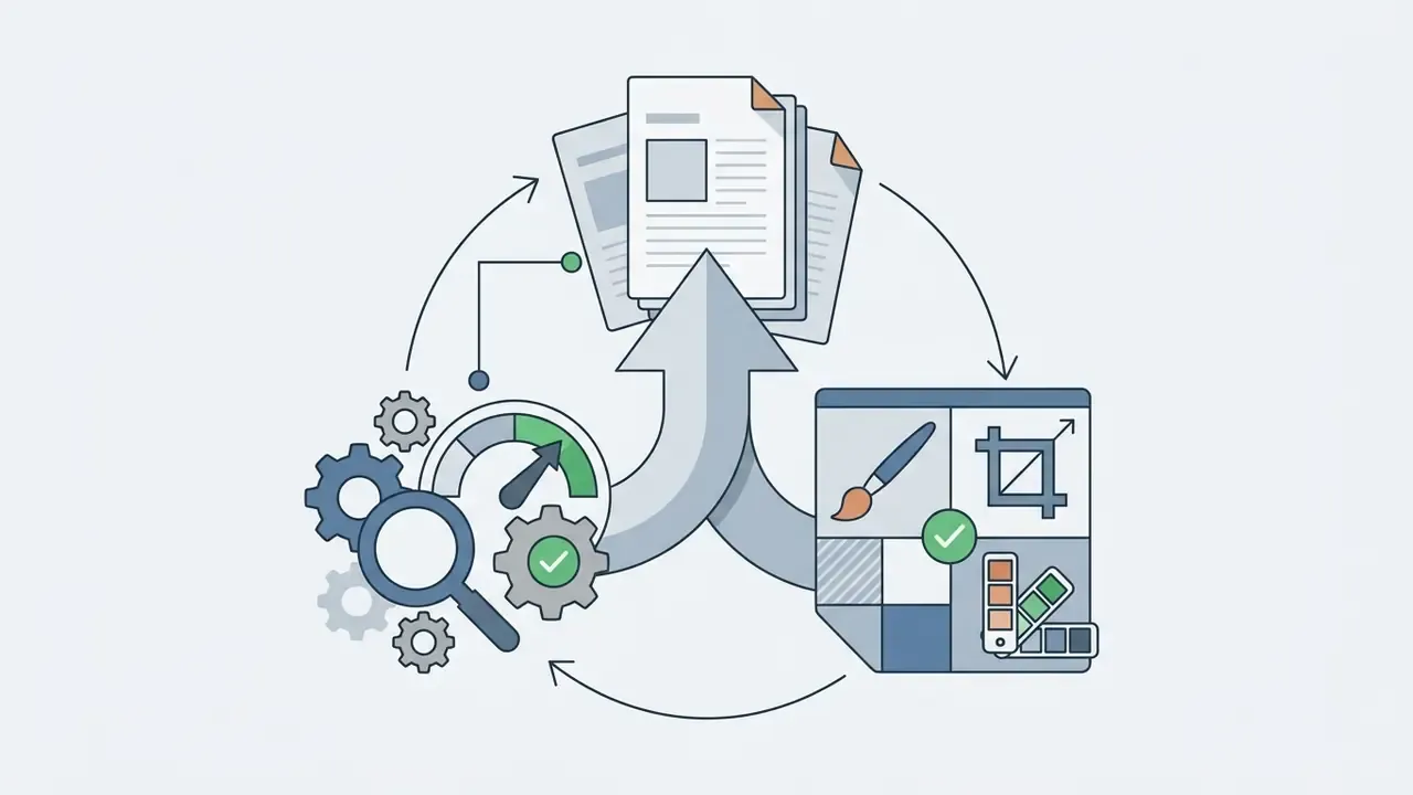 Cycle of gears, gauges, and photo editor programs processing files into an optimized artistic workflow