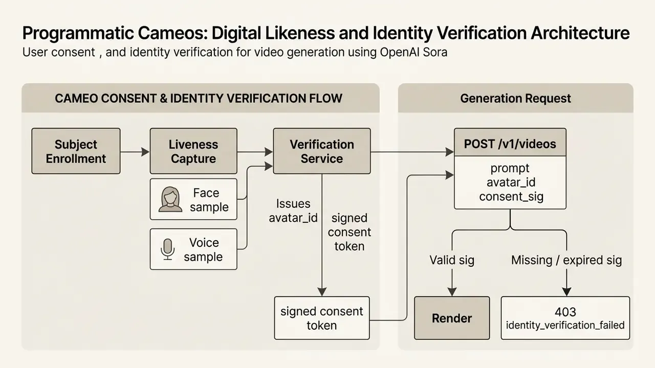 Diagram detailing the identity verification steps and API request process for OpenAI Sora video generation