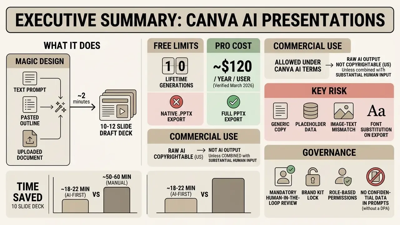 Infographic summarizing Canva AI presentation features, costs, usage terms, risks, and governance protocols