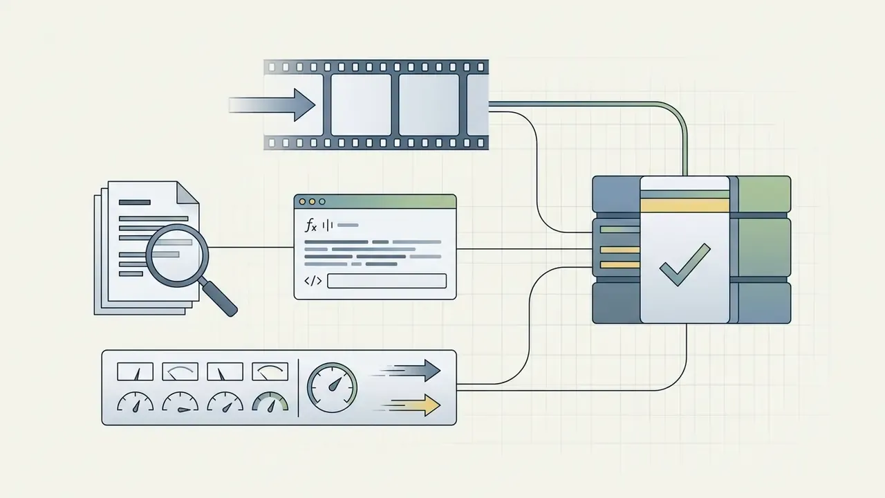 Film strip, code window, and motion gauges feeding data into a server for final validation