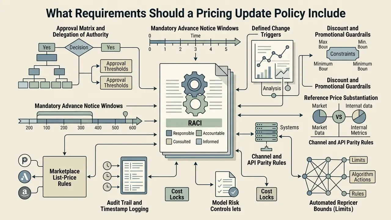 Diagram showing business processes like approval matrices, change triggers, and API parity rules