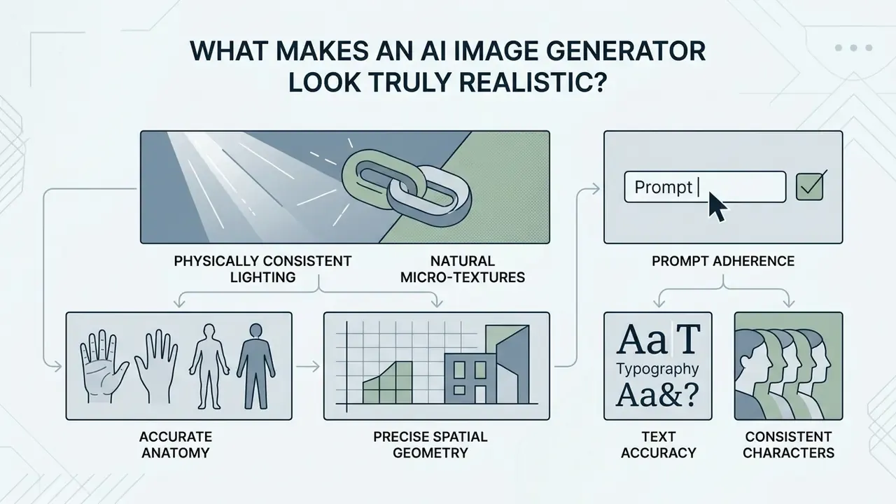 Infographic detailing key factors for photorealism including lighting, anatomy, geometry, and text accuracy