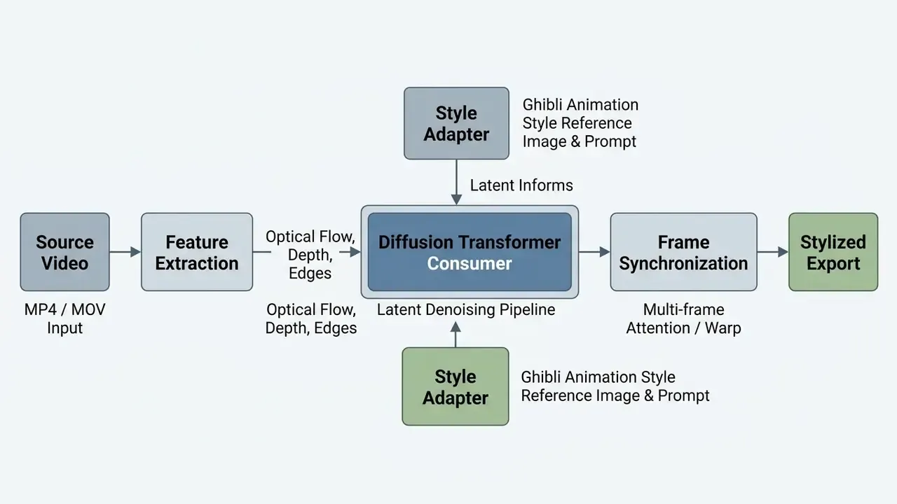 Flowchart showing the technical pipeline to convert video to Ghibli style animation using AI