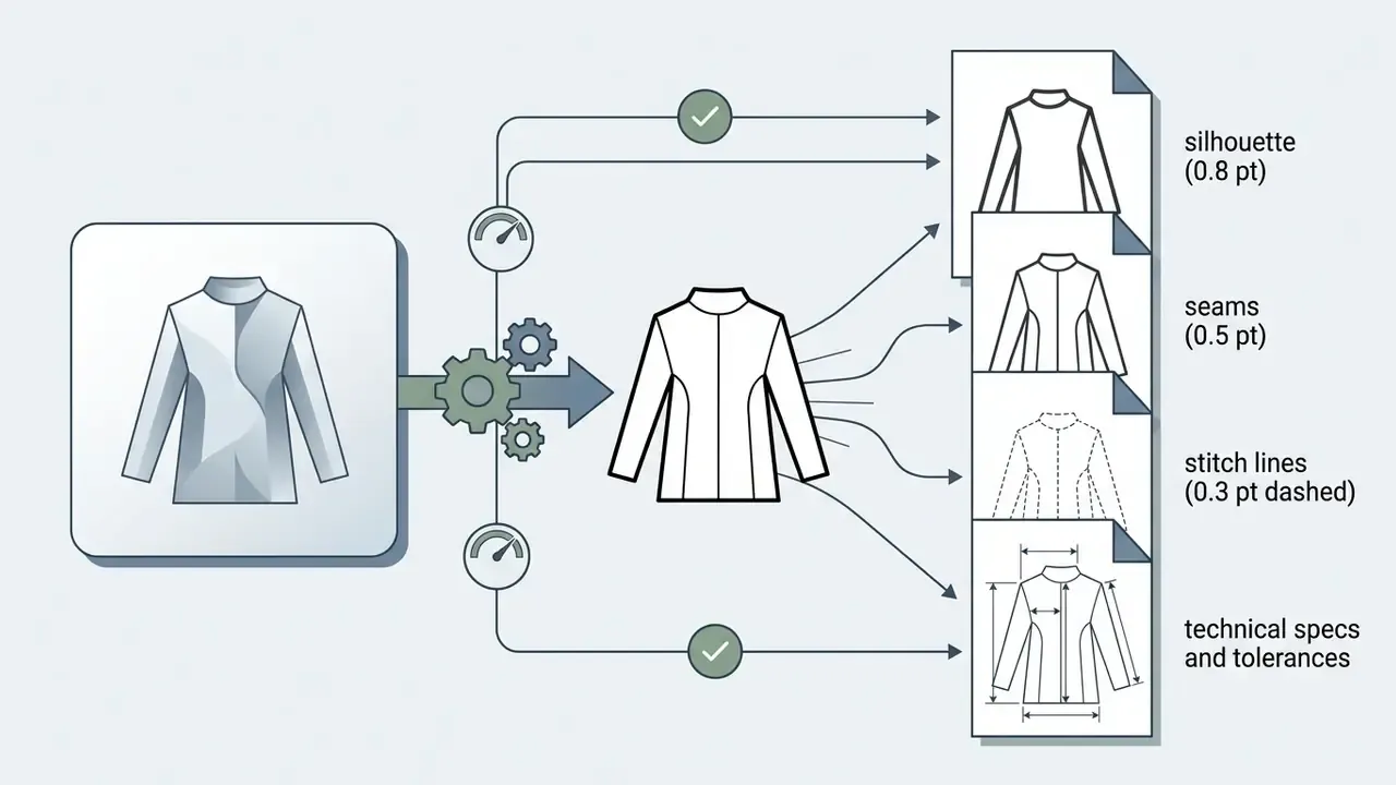 Garment render passing through gears to be separated into layered vector line art and technical specs