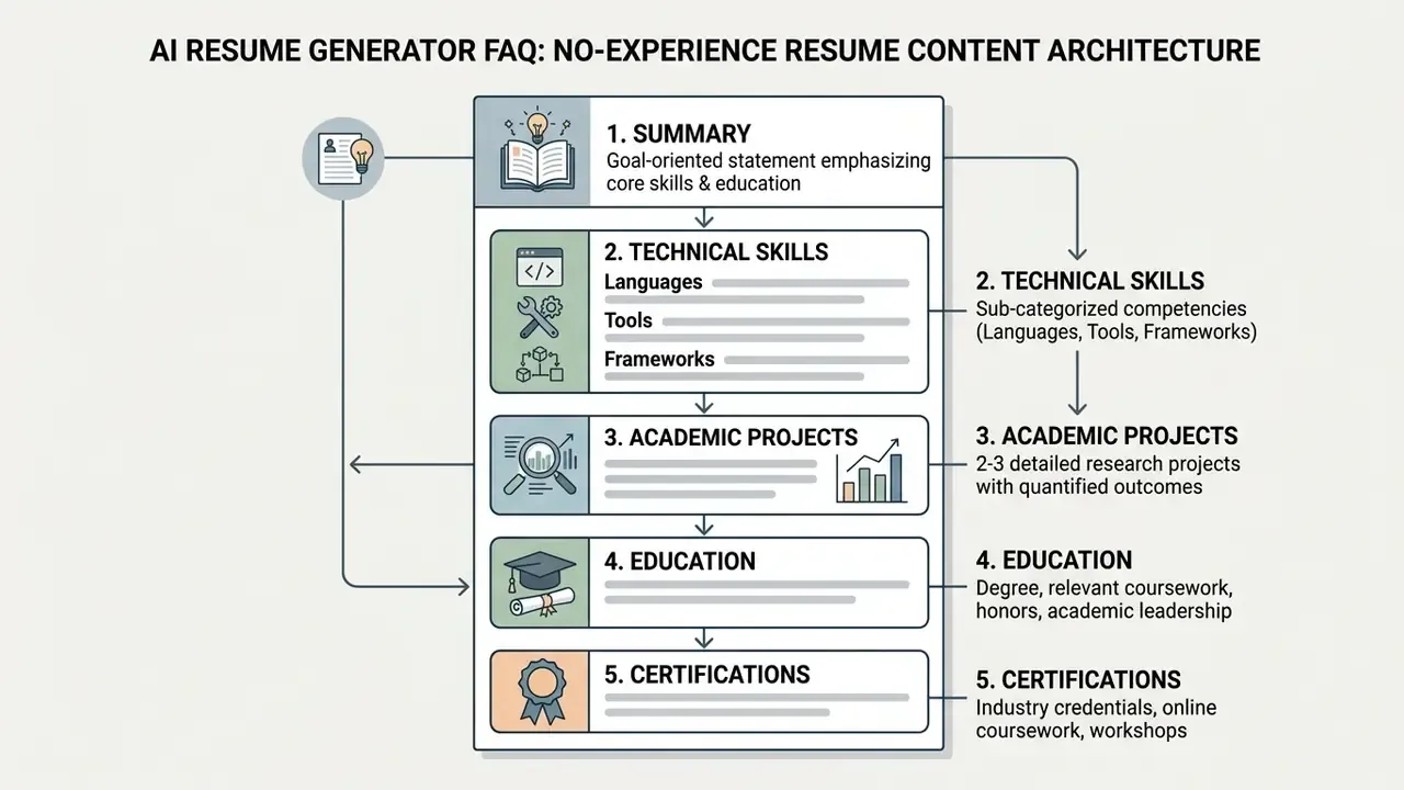 Five-step vertical layout detailing recommended sections for a career document without prior experience