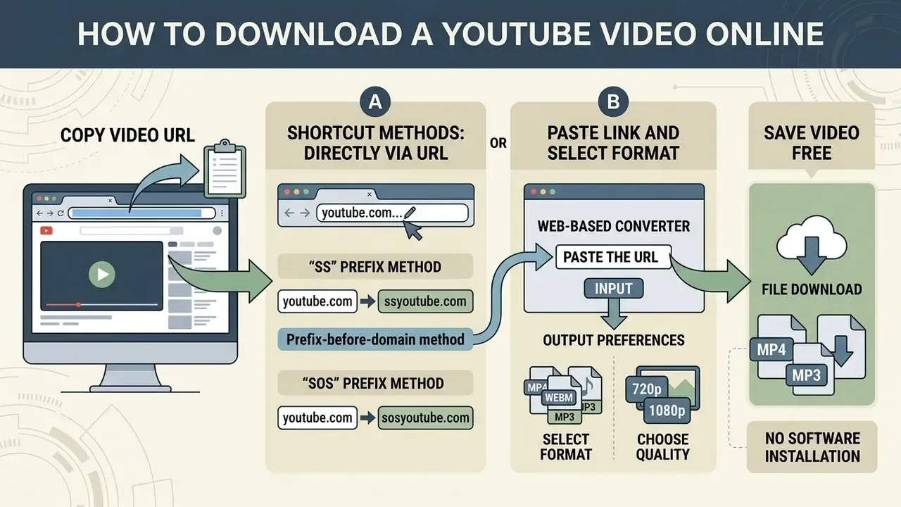 Visual guide comparing URL prefix shortcuts and web-based converters to save media files