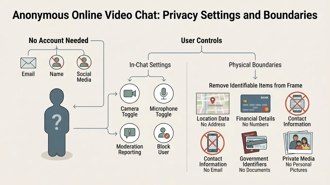 Diagram outlining account requirements, in-chat settings, and physical boundaries for anonymous video chat