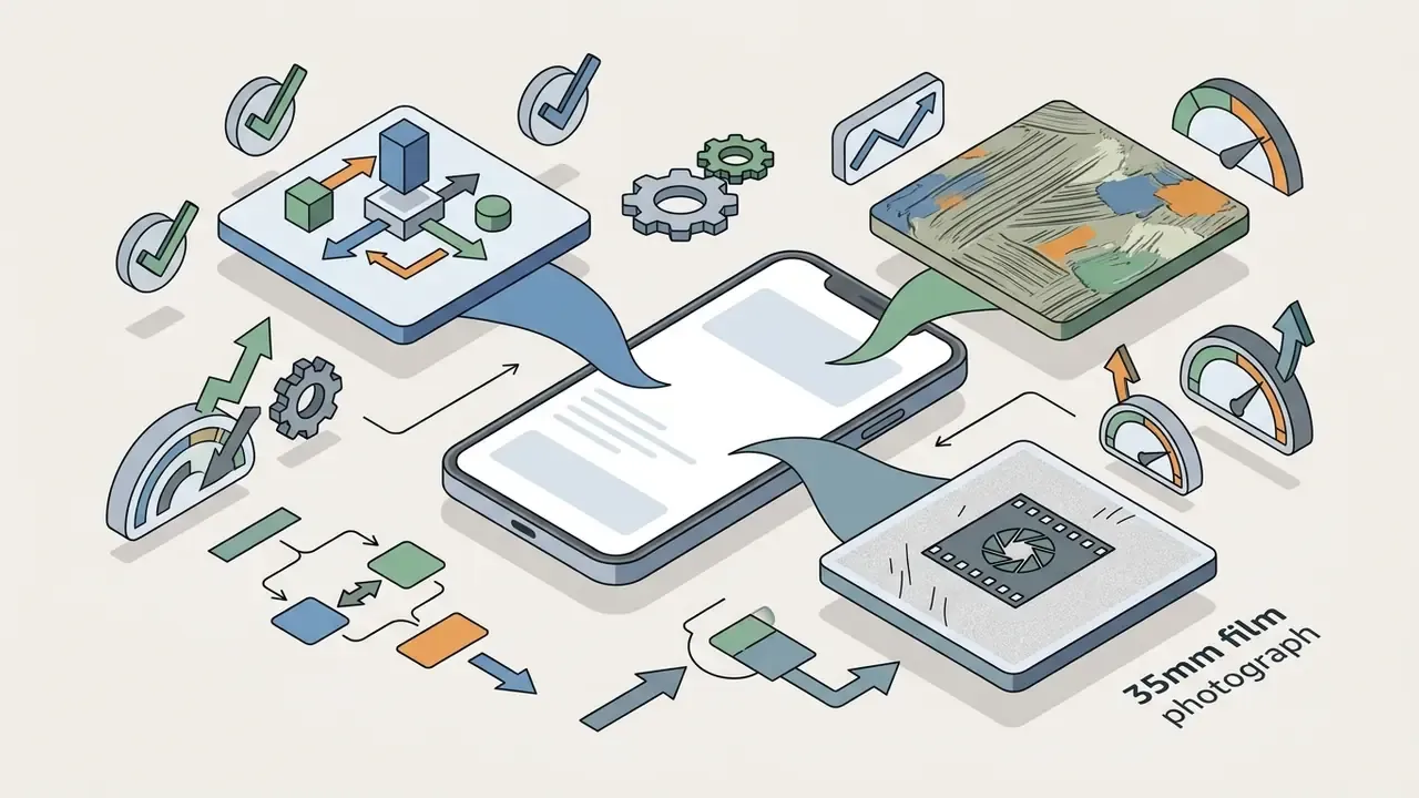 Smartphone surrounded by artistic style icons, performance gauges, and process flow diagrams