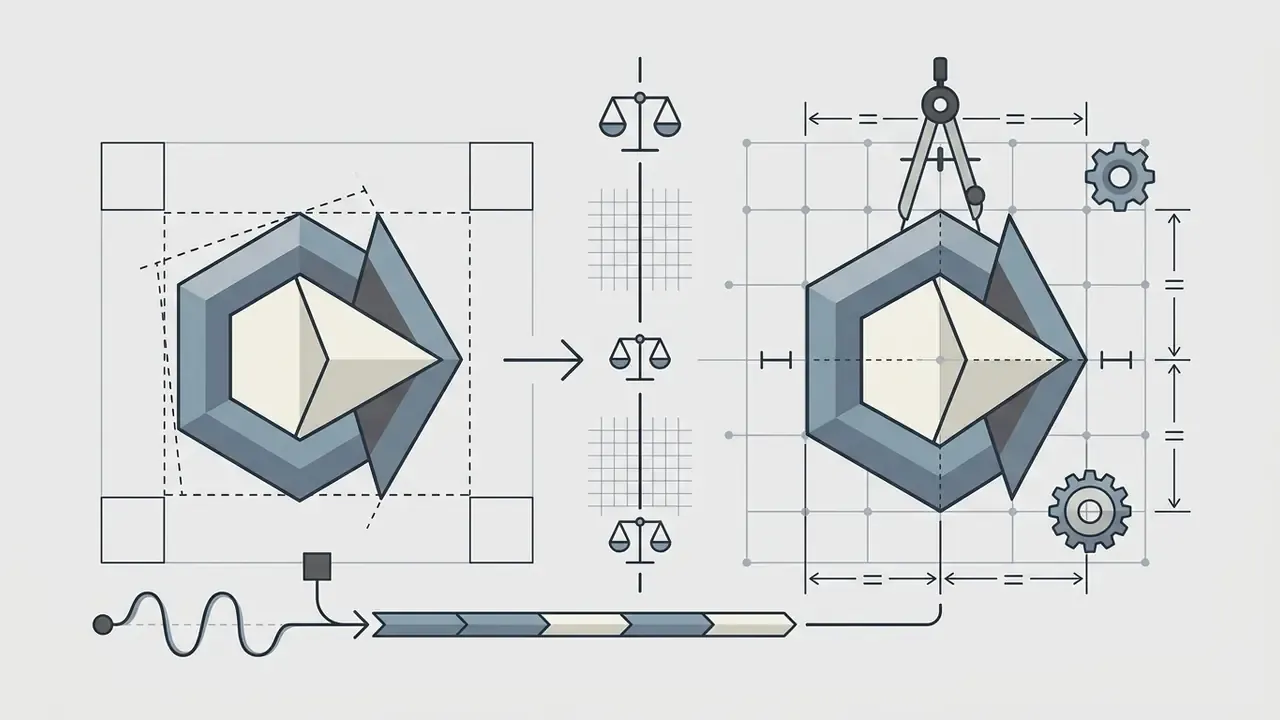 Geometric logo shape being aligned on a grid with drafting tools and balance icons for symmetry