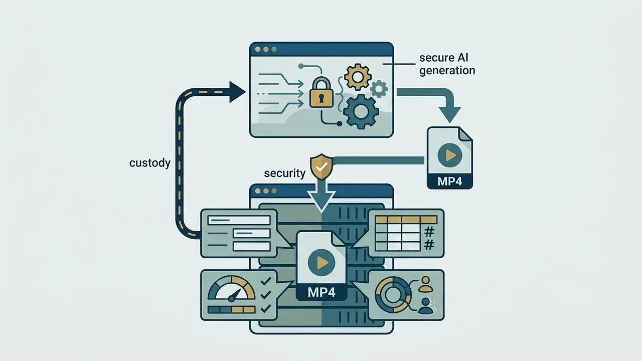 Digital workflow showing AI generated MP4 files being secured and stored in a database with metadata