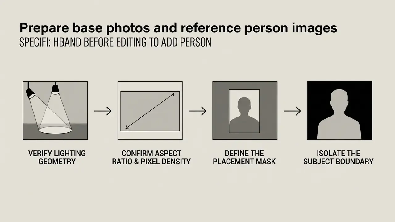 Four-step process diagram showing lighting checks, aspect ratio, masking, and subject isolation