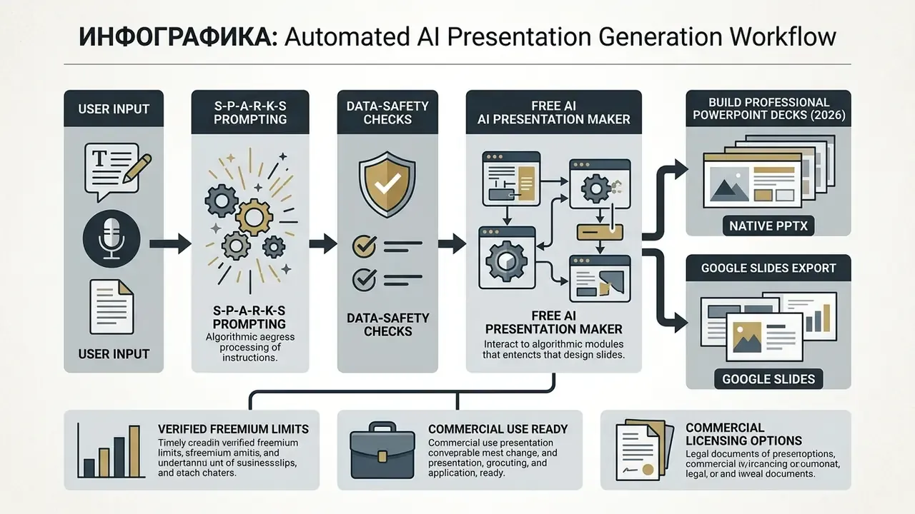 Flowchart showing how a free AI presentation maker processes user input into downloadable slide decks