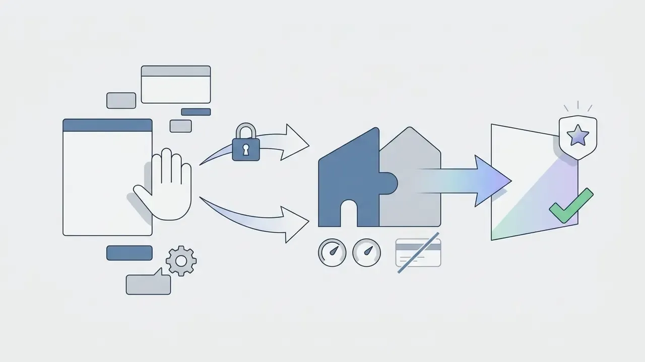 Hand icon blocking access to a locked process that leads to a puzzle piece and a verified document