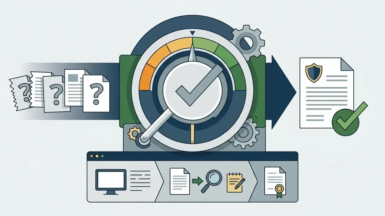 Documents with question marks feeding into a gauge that outputs a shield-marked report with a checkmark