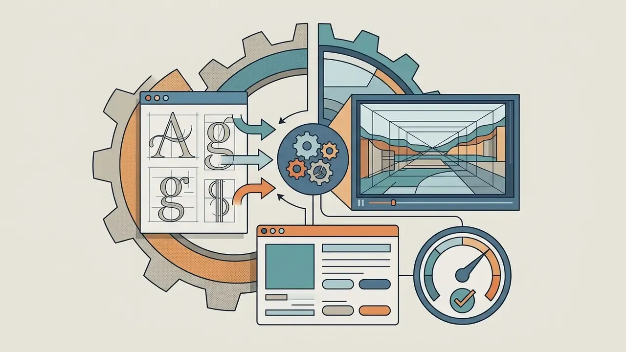 Typography and cinematic framing tools feeding into a central gear mechanism with a performance gauge