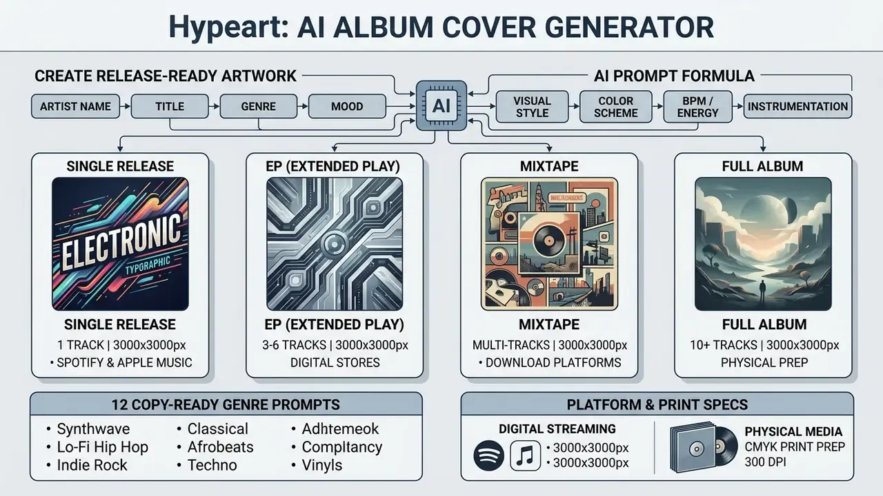Infographic showing how an AI album cover generator creates specific artwork formats for music releases