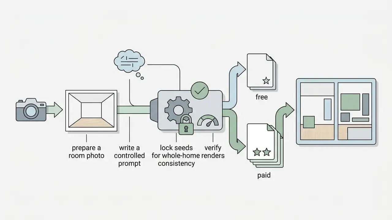 Process flow showing a camera and prompt input feeding a central engine to generate free or paid room designs