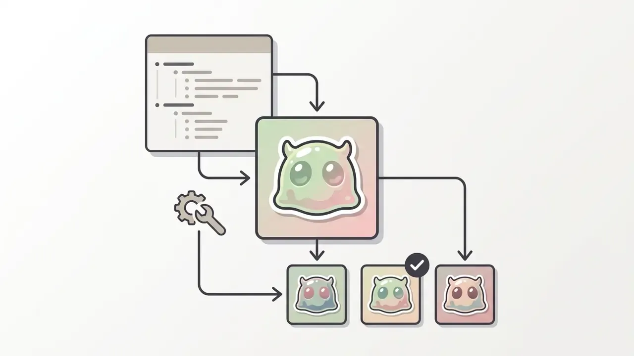 Cute cartoon slime creature processed through a technical pipeline with status icons and output variations