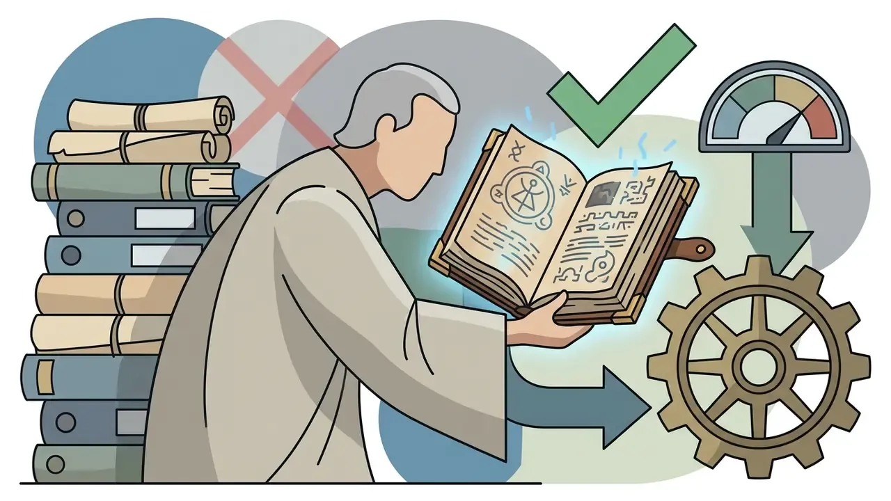 Aging archivist reading a glowing spellbook next to a stack of binders with a gear and gauge icon