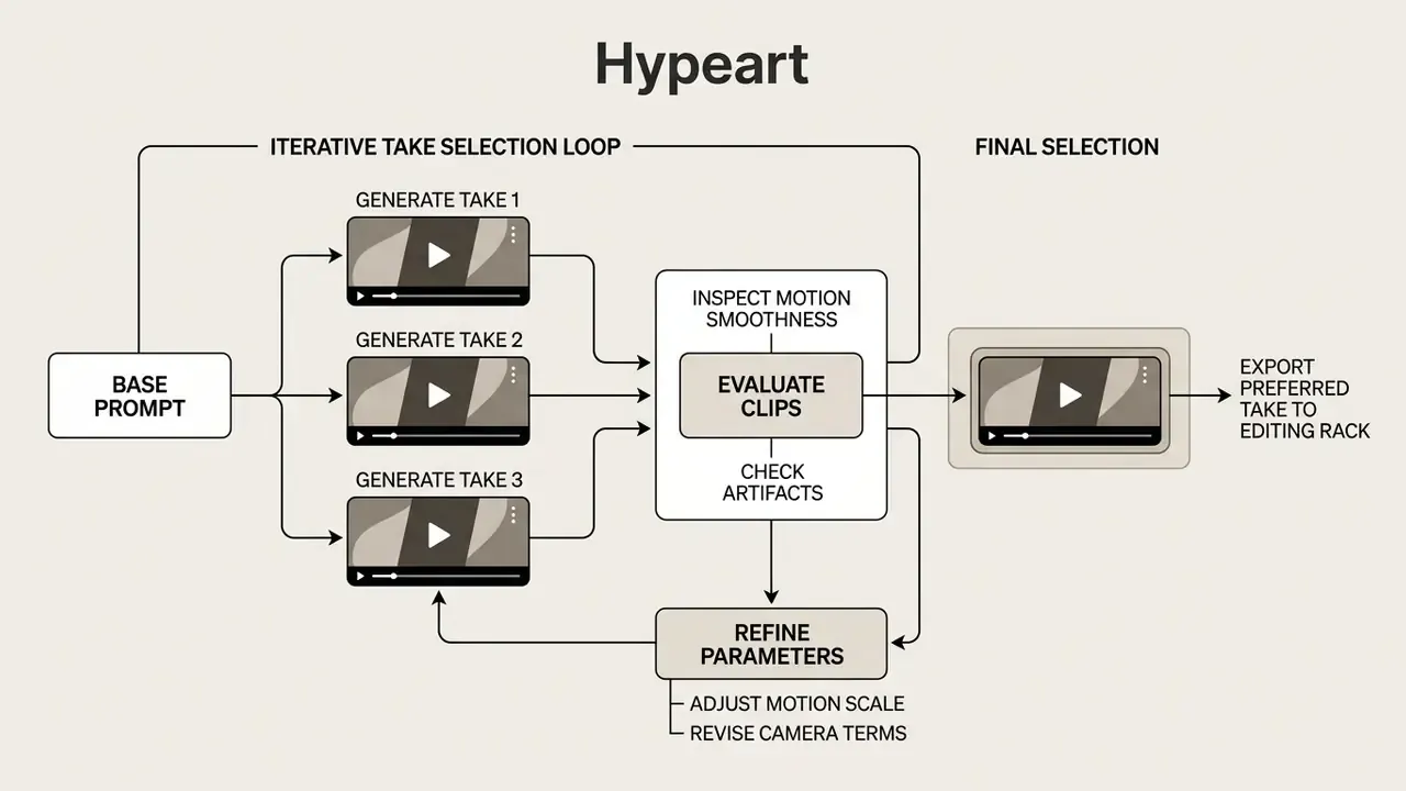 Workflow diagram showing how to generate multiple AI video clips and iteratively refine the best result