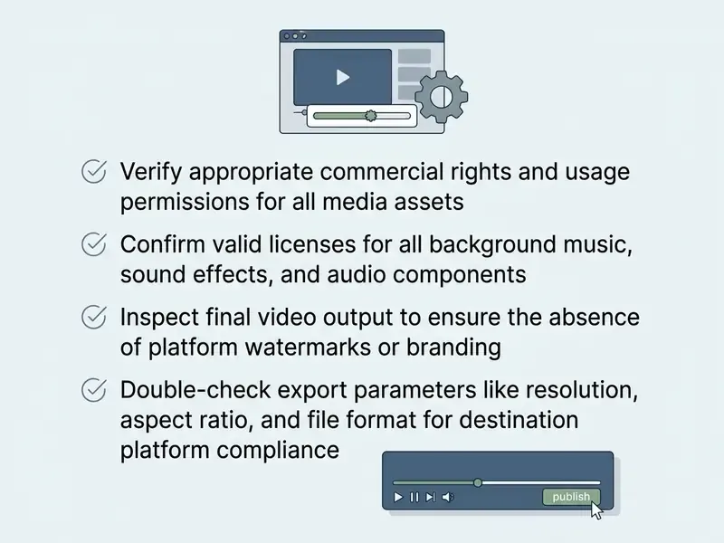 Checklist of four points for verifying commercial video rights, audio licenses, and export parameters