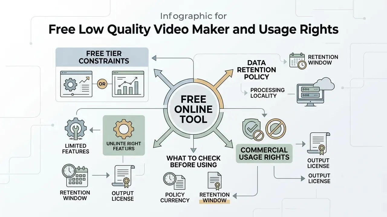 Central diagram outlining key considerations for using a free online tool for video processing