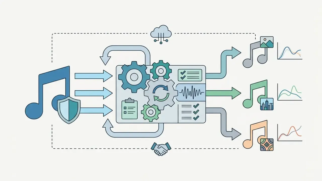 Musical note and shield icons feeding into a gear hub that outputs localized audio and data visualizations