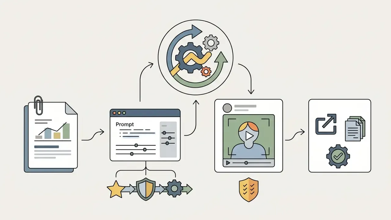 Document data flowing into a prompt interface and circular gear system to generate video content