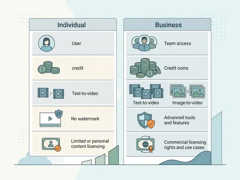 Comparison table outlining feature differences between Luma Dream Machine individual and business plans