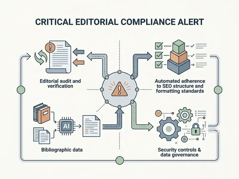 Central alert icon connecting audit, SEO formatting, security controls, and bibliographic data processing