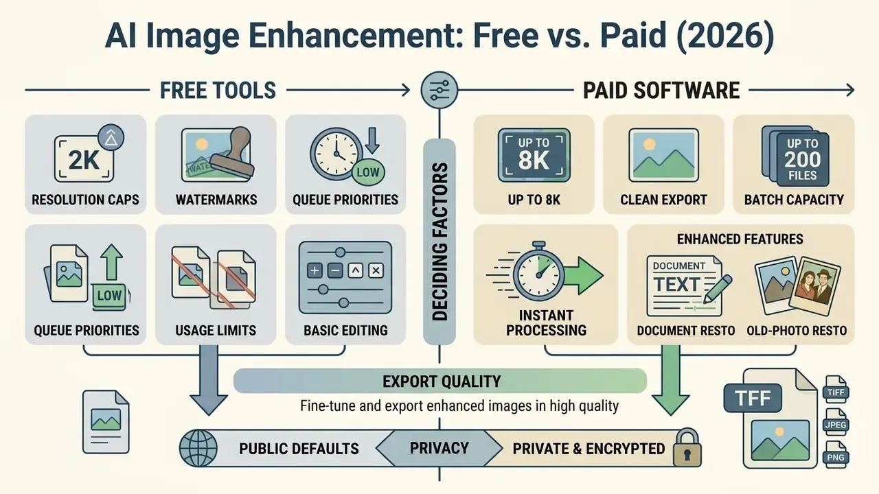 Comparison table contrasting feature sets, processing speeds, and privacy levels of free and paid software