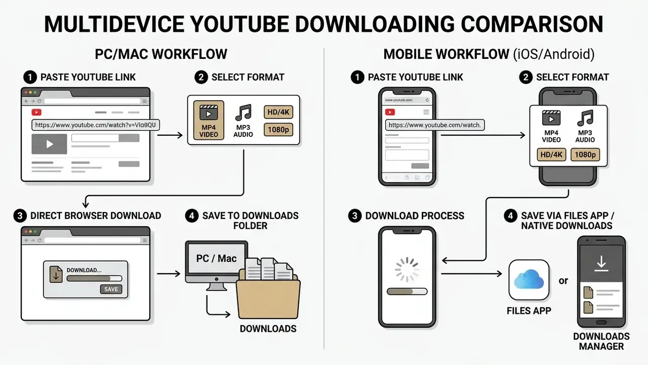 Comparison infographic showing distinct file saving workflows for desktop browsers versus mobile devices