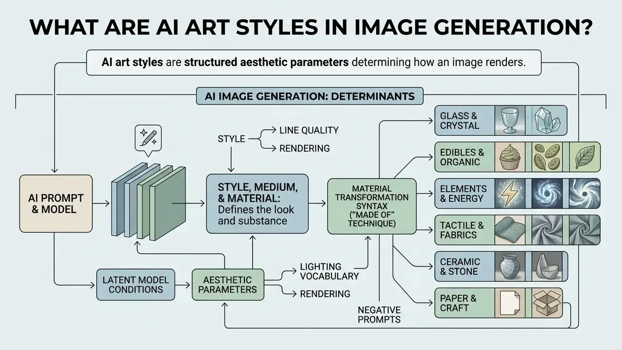 Diagram showing how material transformation syntax and aesthetic parameters influence AI art style