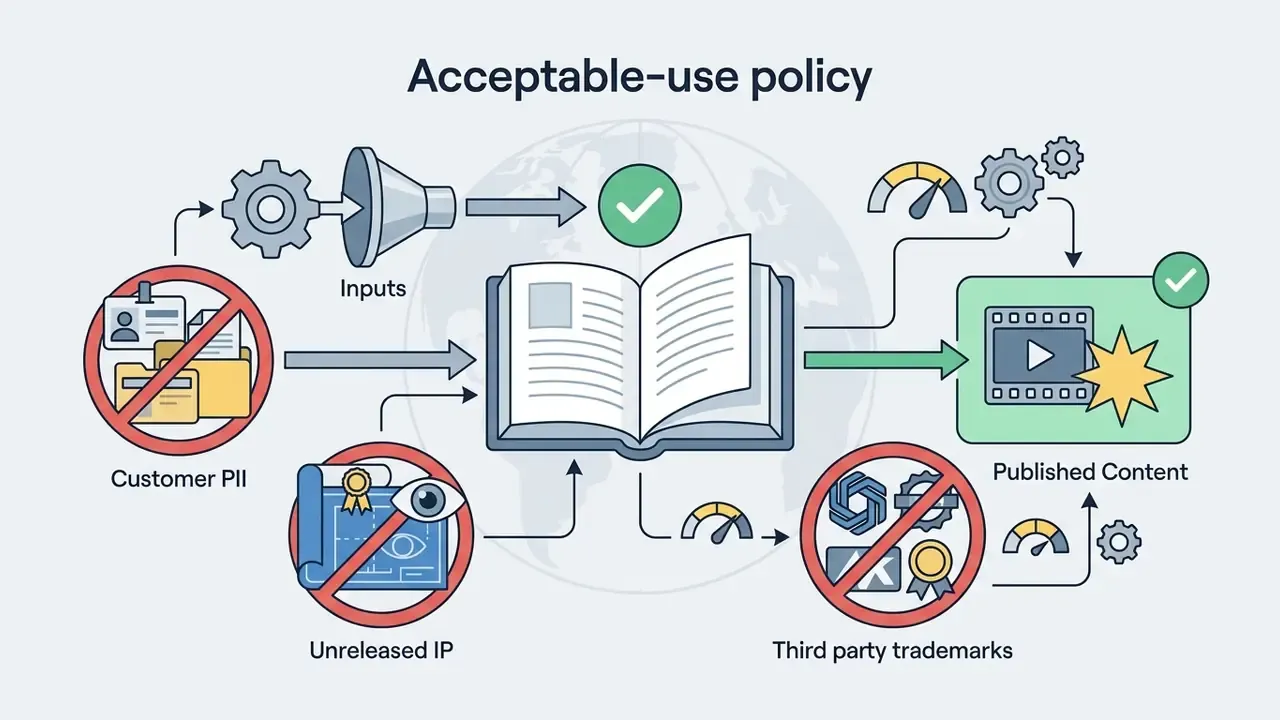 Diagram showing prohibited data inputs blocked by red circles before reaching a central policy book