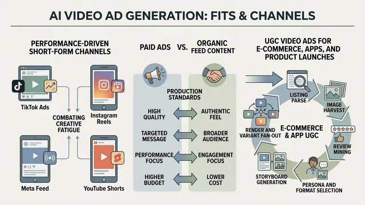 Infographic mapping the workflow of an AI UGC video generator across social media channels and ad formats