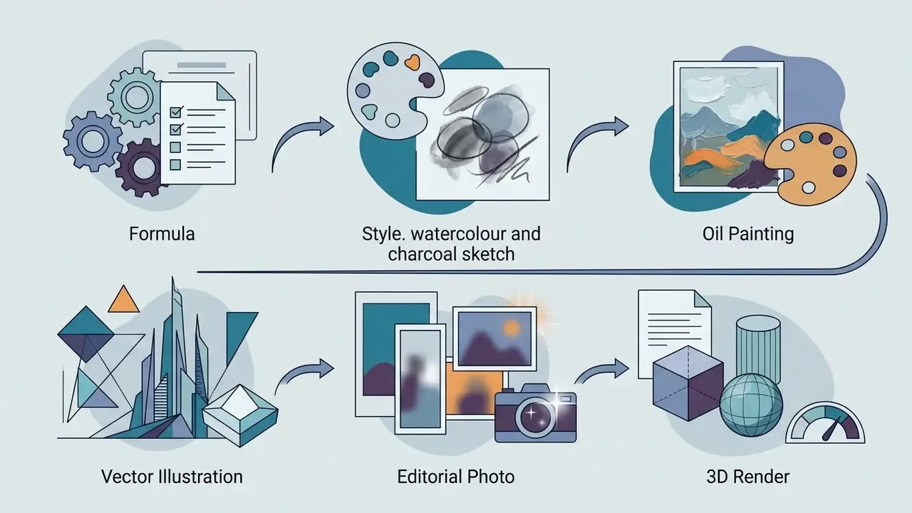 Sequence of icons representing various artistic styles like vector illustration and 3D render for AI prompts