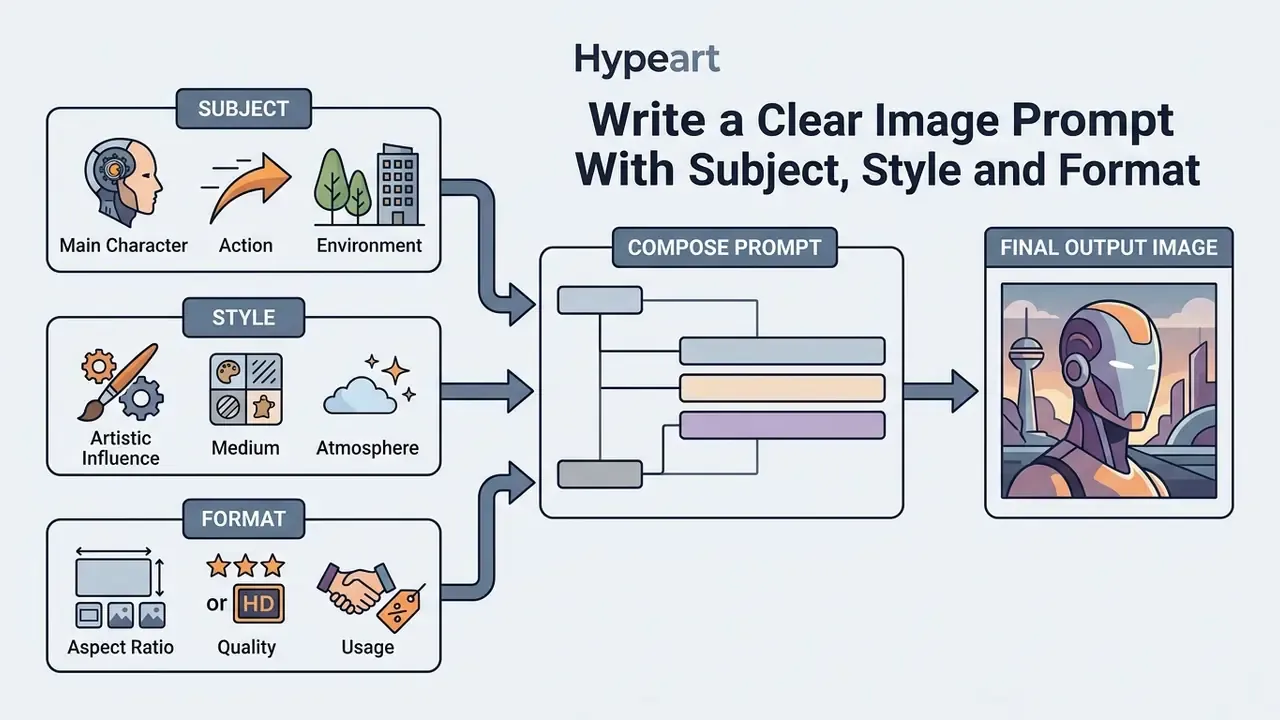Diagram showing how subject, style, and format elements are combined to create a final generated image