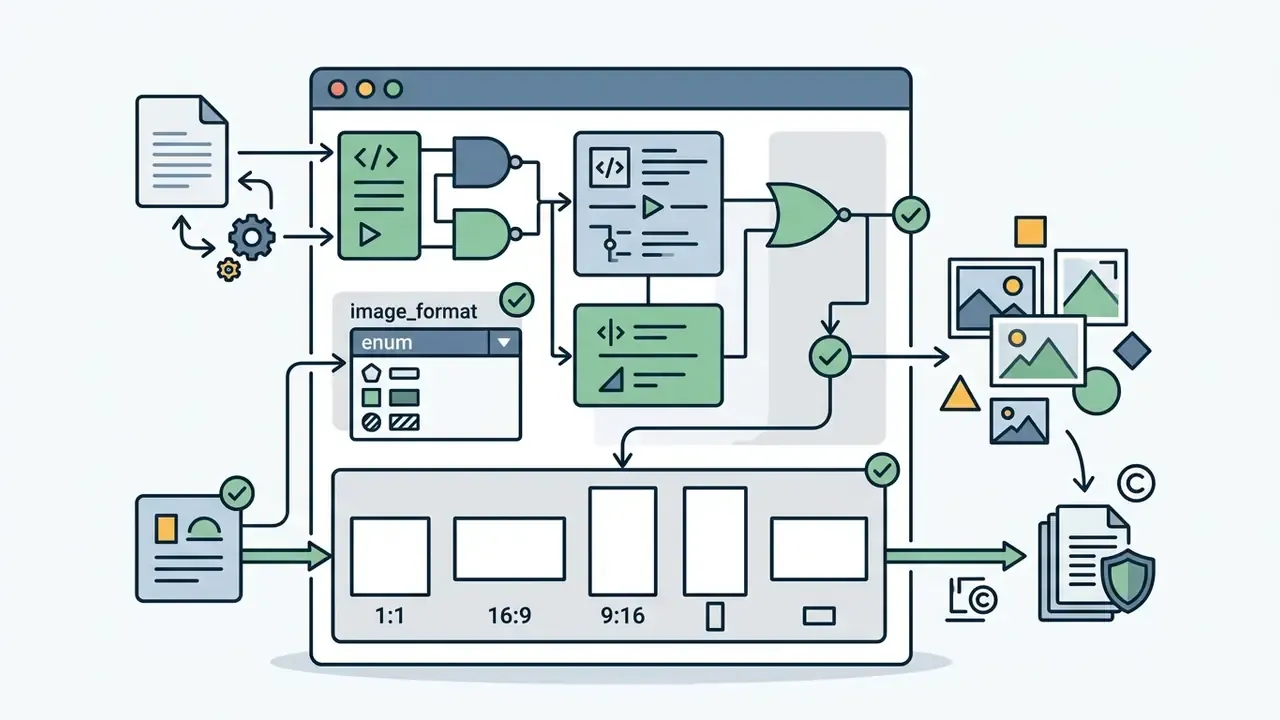 Technical process showing code inputs and aspect ratio selection leading to generated image outputs