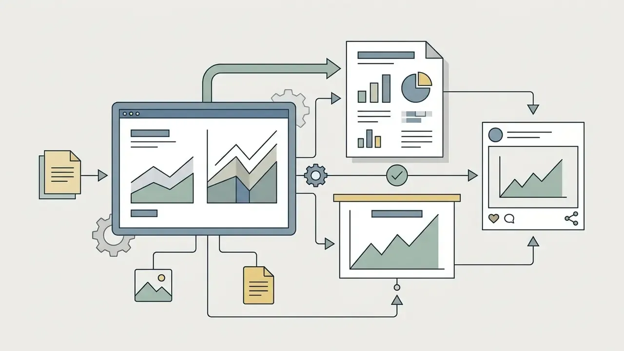 Dashboard charts flowing through a gear system into reports, presentations, and social media posts