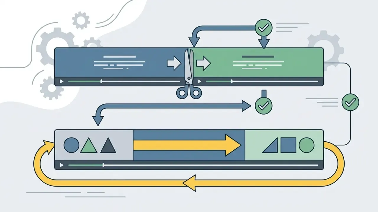 Scissors cutting a video timeline into two segments that are rearranged to form a continuous loop