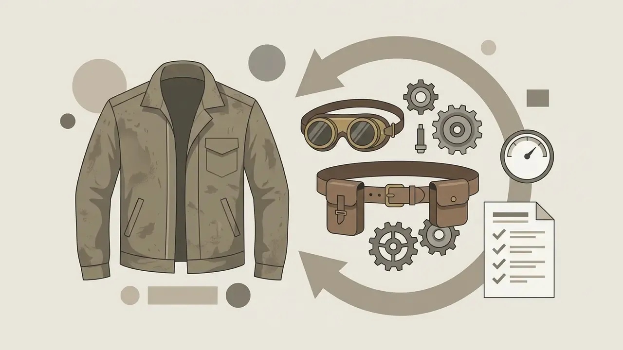 Weathered jacket paired with goggles, a utility belt, gears, a gauge, and a checklist in a circular flow